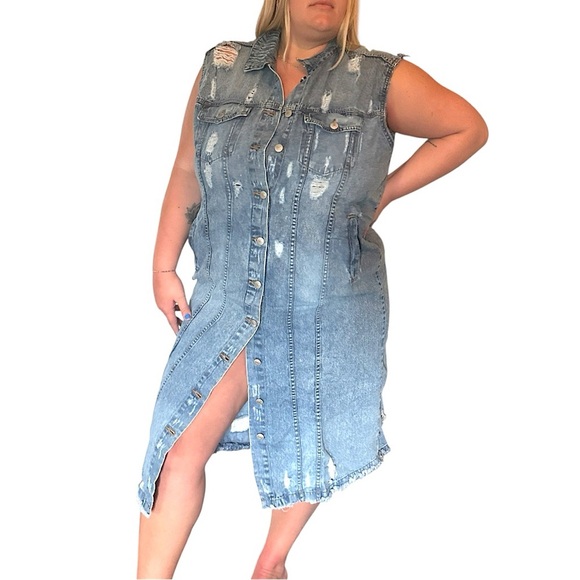 Highway Jeans Distressed Denim Maxi Dress Sleeveless Button Down Pockets 2X - Picture 1 of 14
